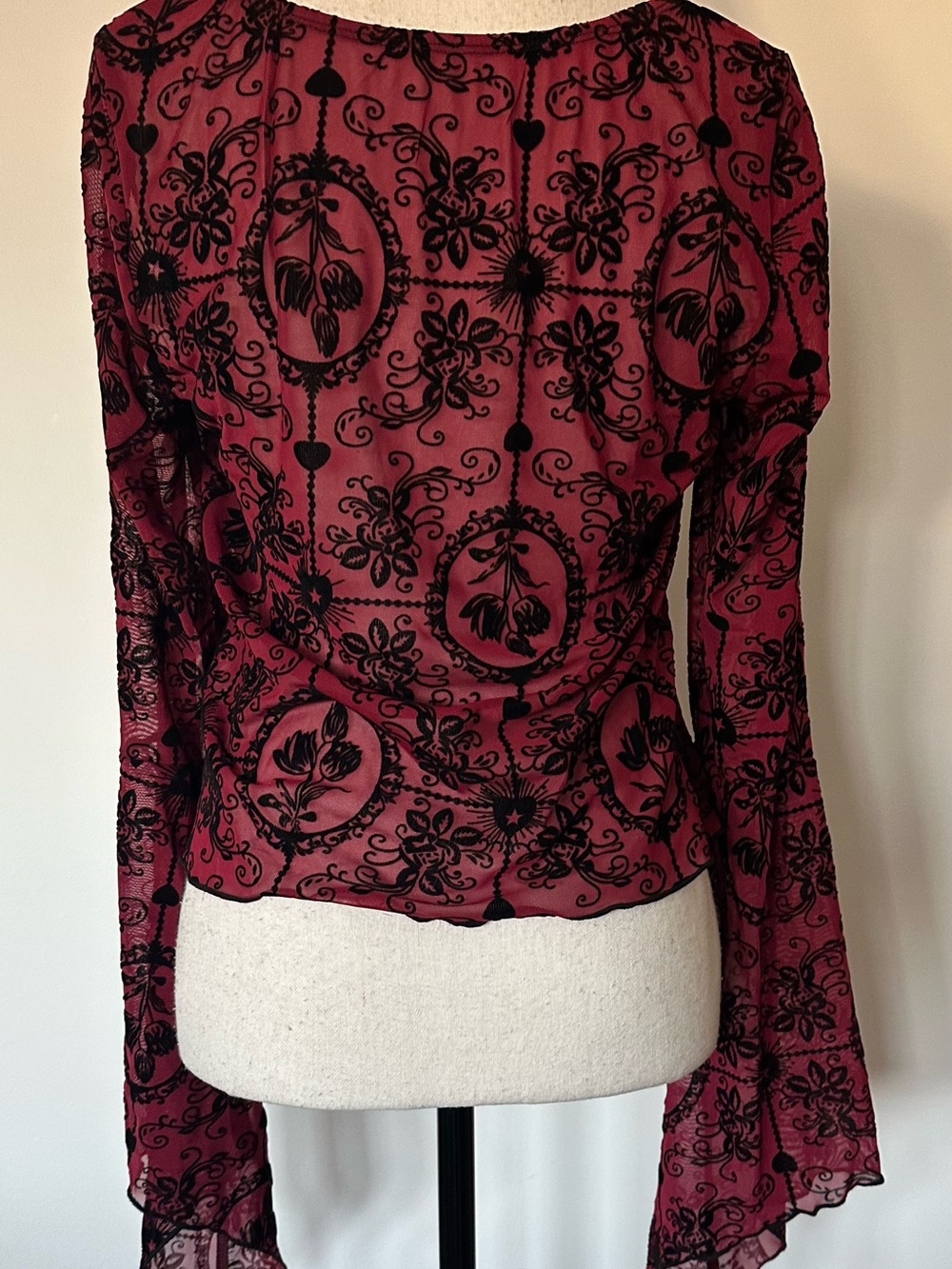 Whimsigoth Red Black Velvet Burnout Mesh Long Bell Sleeve Crop Top Goth Grunge - Picture 5 of 9